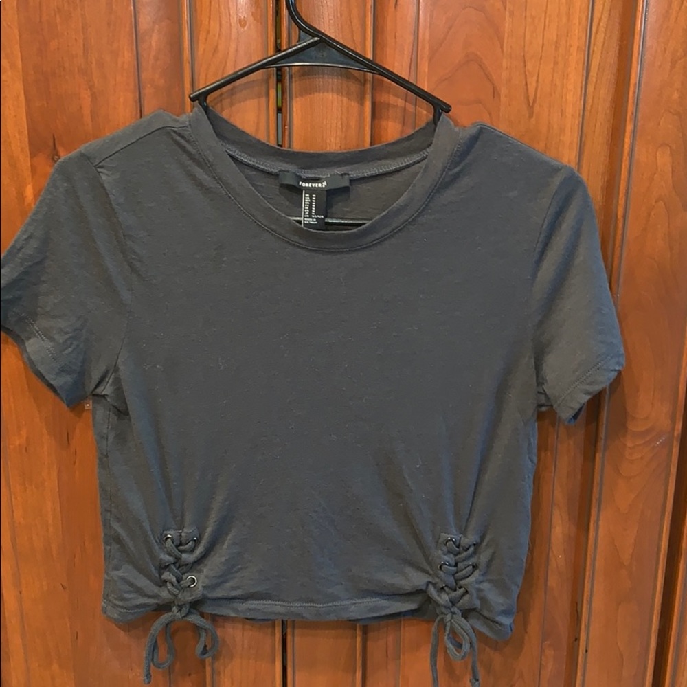 Dark grey, crop top, tied front